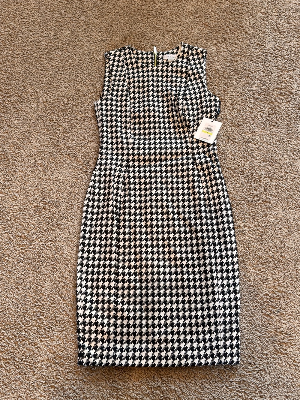 Calvin Klein Black and White Houndstooth Sleeveless Midi Dress